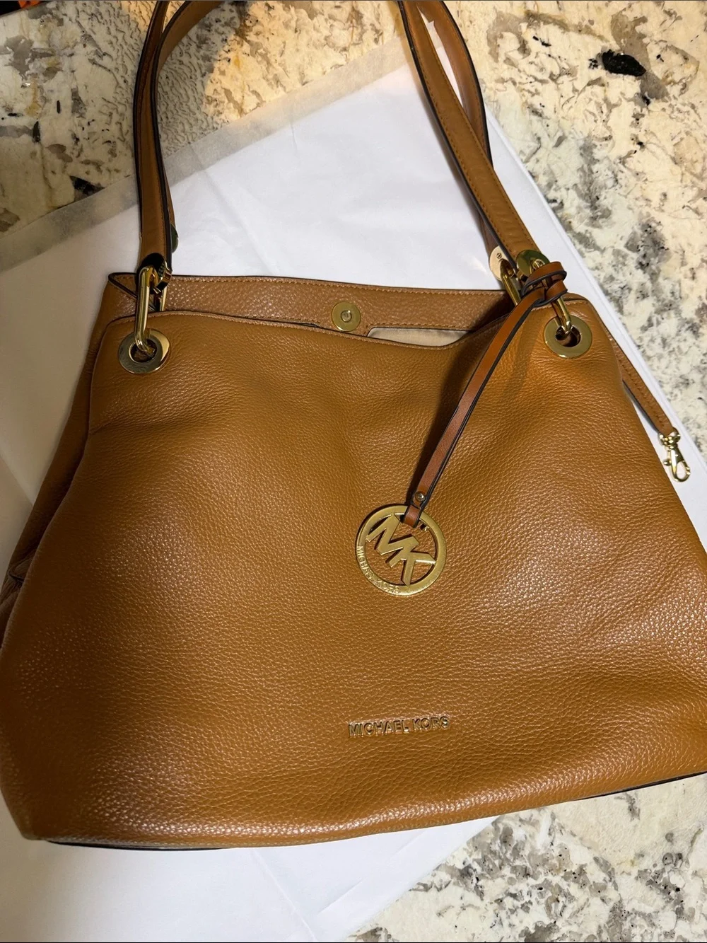 Michael Kors Cognac Pebbled Leather Shoulder Tote with Gold Hardware